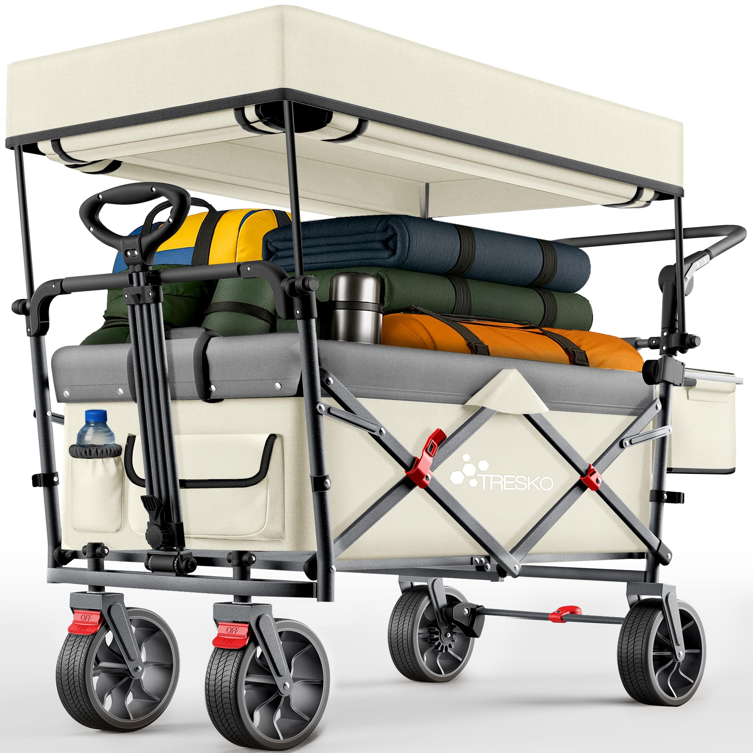 TRESKO® Chariot de courses pliable avec toit, compartiment réfrigéré et stores latéraux | Charrette à main pouvant supporter jusqu'à 150 kg | Chariot de transport avec pneus en caoutchouc plein et
