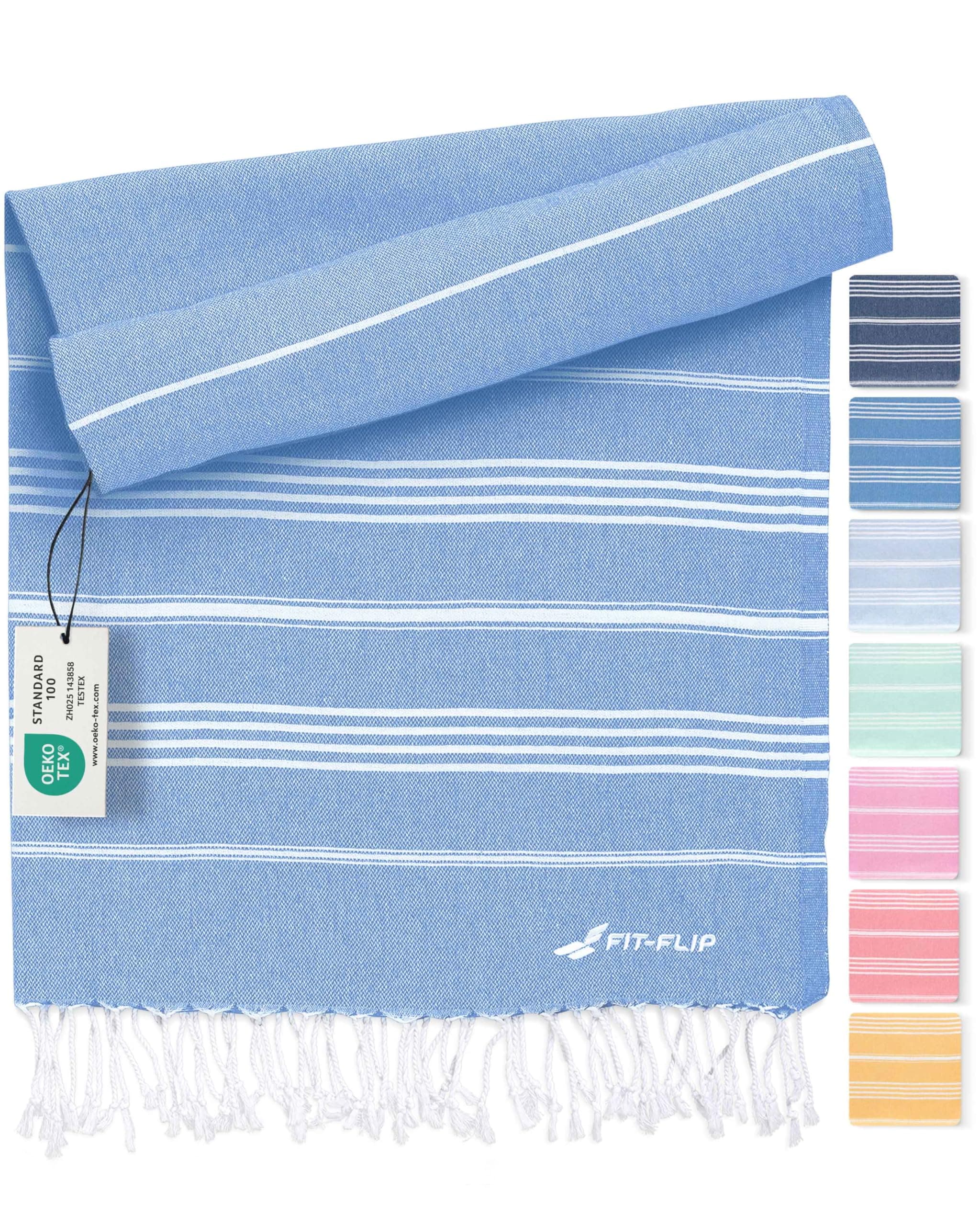 Fit-Flip Serviette de Plage hammam – Fouta en Coton 100% – Drap Turque léger à séchage Rapide, Accessoire Parfait comme Drap de Plage XXL ou paréo - Bleu - 100x200cm Sultan
