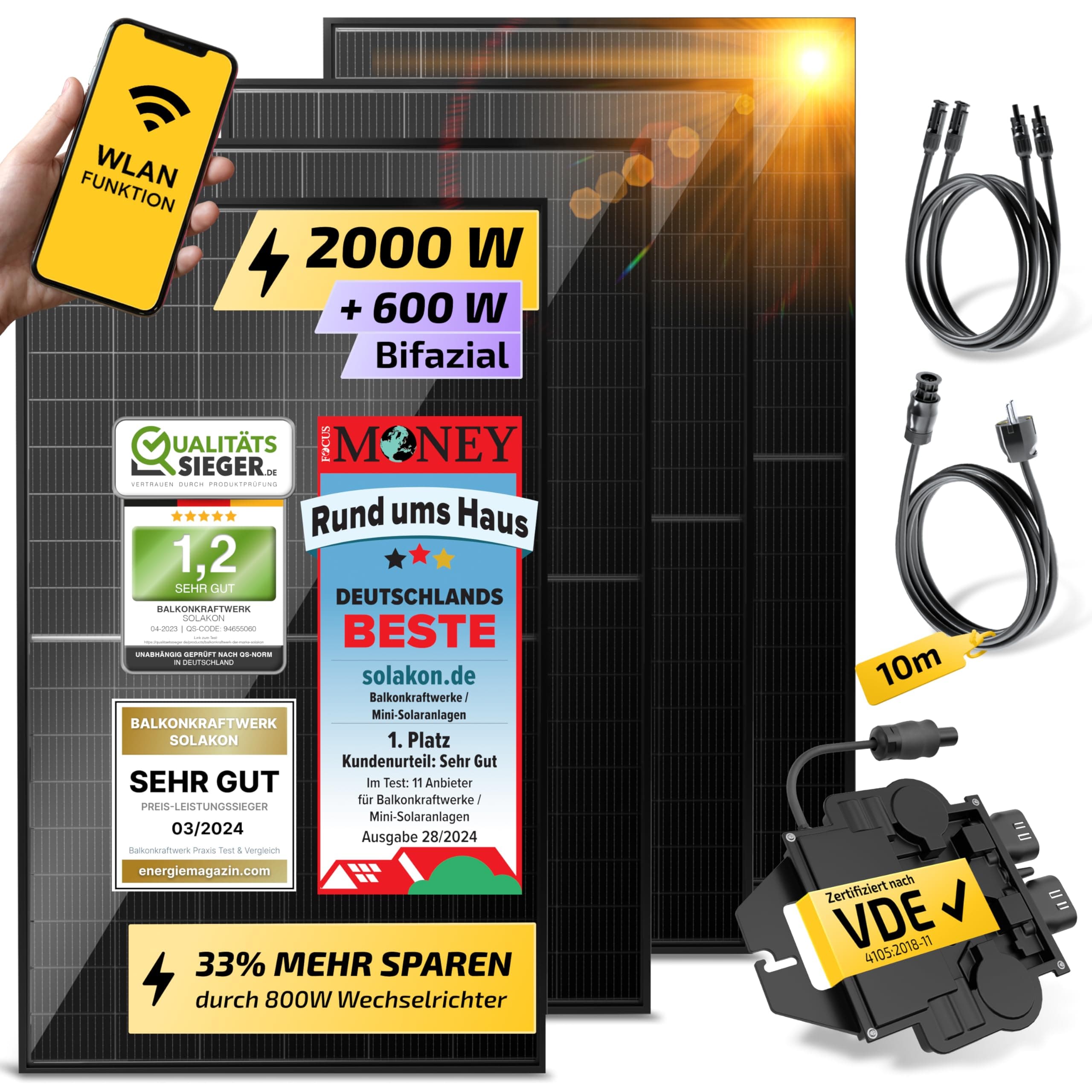 Solakon Balkonkraftwerk 2000W komplett Steckdose - Balkonkraftwerk 2000 Watt neuester Wechselrichter 800W - Solaranlage Komplettset mit 4x500W Solarpanel/Solar Panels mit 10m Kabel