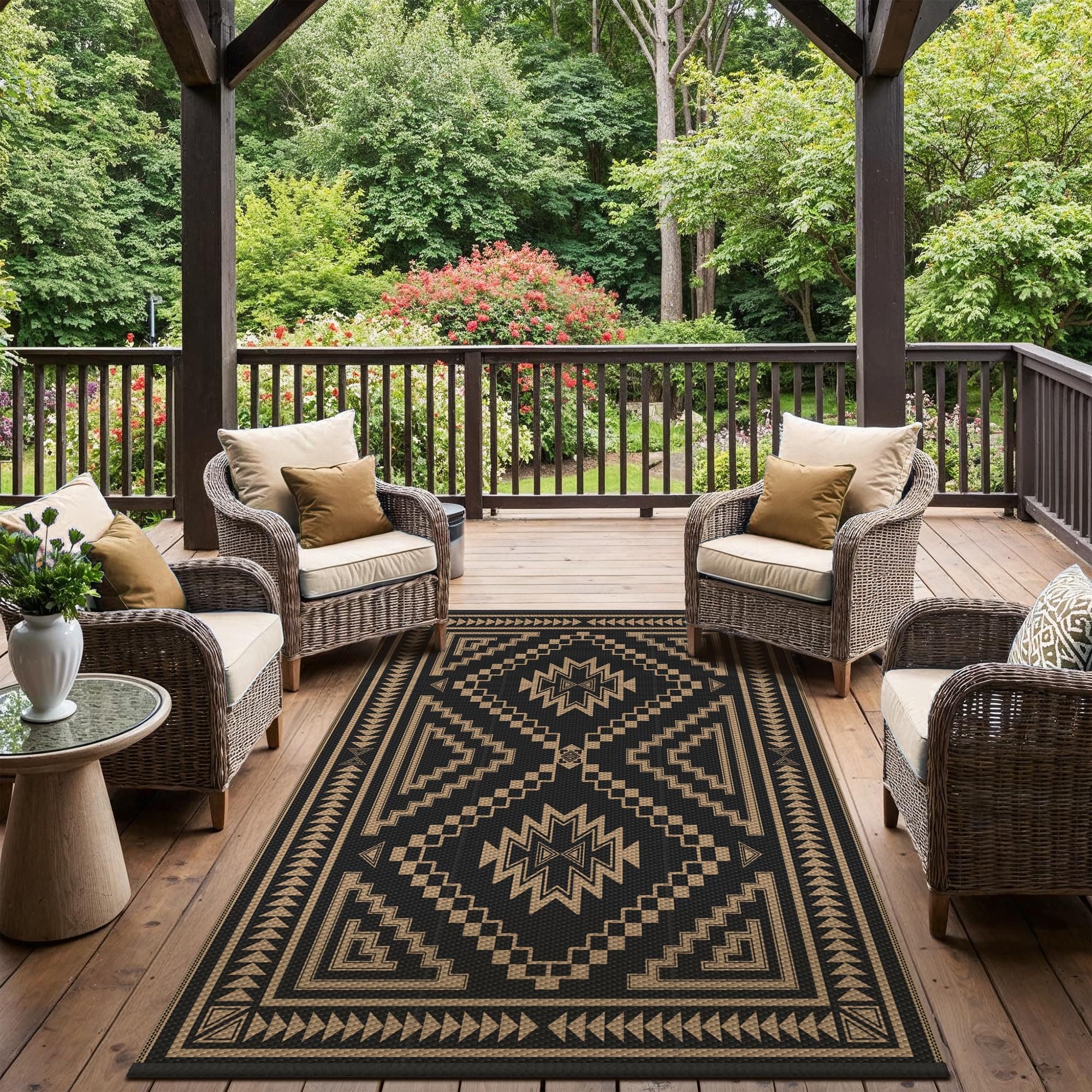 GENIMO Tapis Extérieur Imperméable, Tapis de Camping Lavable pour Jardin, Terrasse, Balcon, Tapis Réversible Résistant aux UV pour Pique-Nique, 240x300cm, Motif Losange Noir Brun