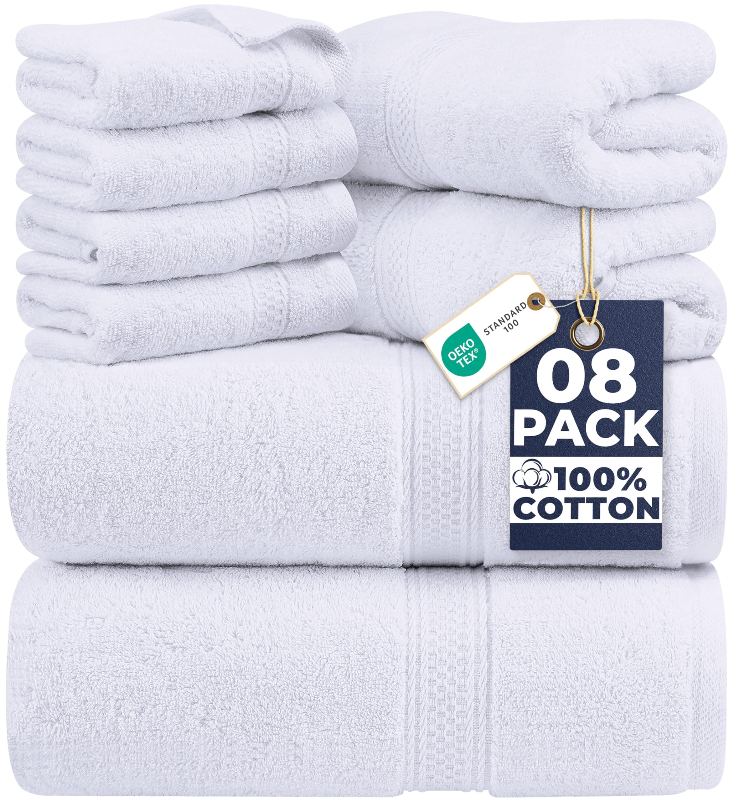 Utopia Towels - Lot de 8 Serviettes en Coton avec Crochet de Suspension – 2 Serviettes de Bain, 2 Serviettes et 4 Serviettes de Toilette – (Blanc)