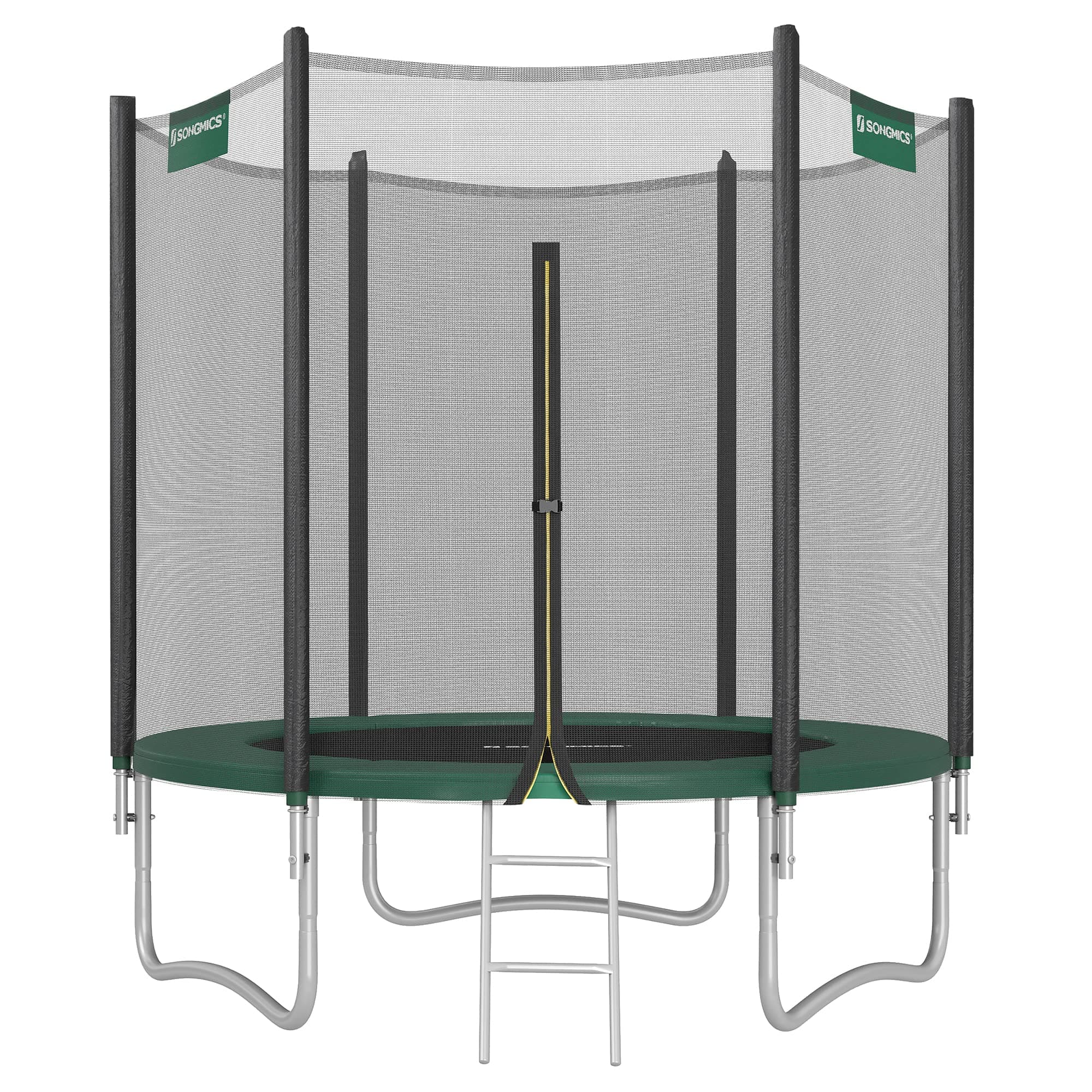 SONGMICS Trampoline Extérieur Enfant Diamètre 183/244/305/366/427 cm, Filet de Protection Externe, Coussins de Sécurité, Échelle, Poteau Droit de 180 cm de Haut, Cadre en Acier