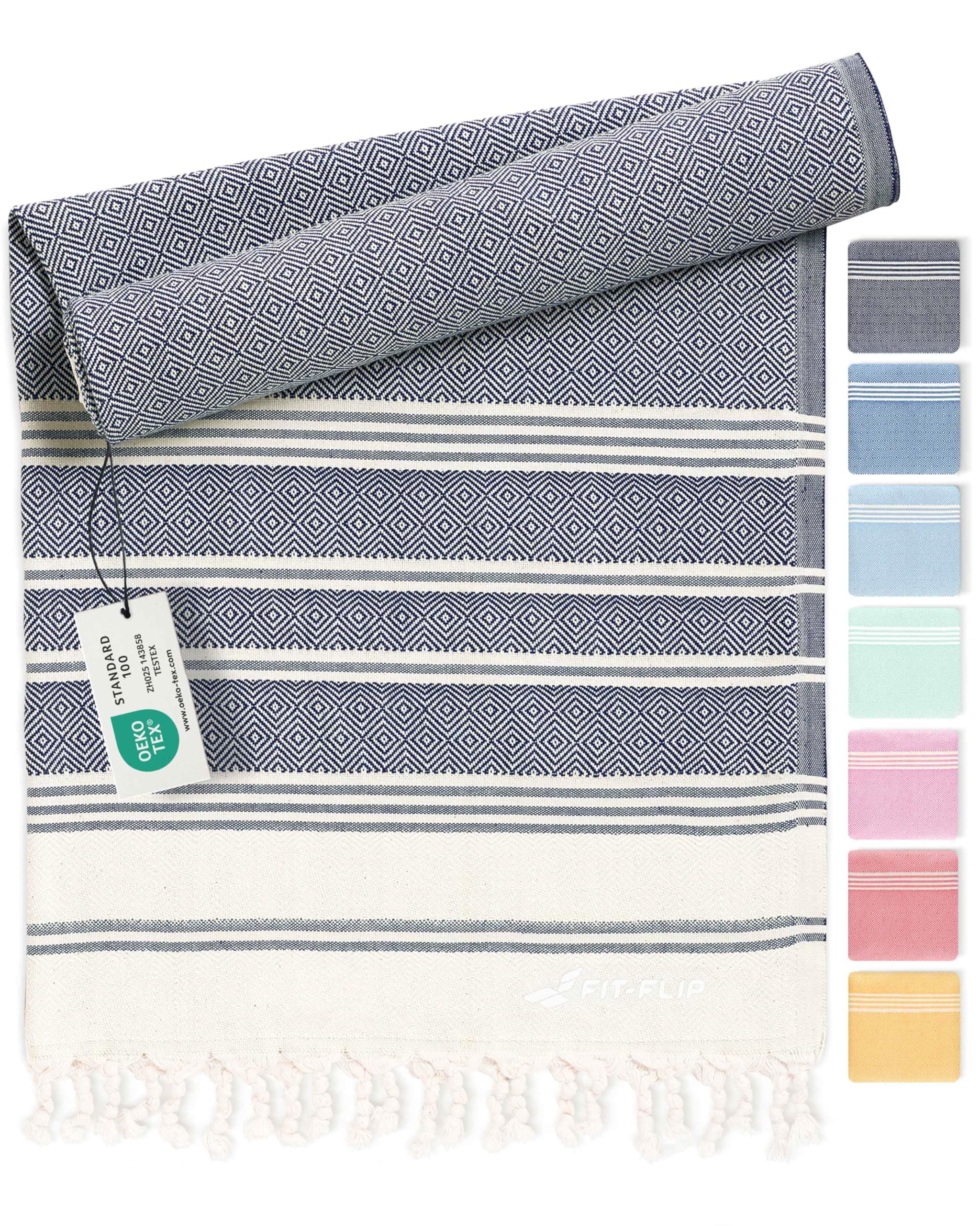 Fit-Flip Serviette de Plage hammam – Fouta en Coton 100% | Bleu Marine, 200x200cm Diamond, drap turque léger à séchage rapide, accessoire parfait comme drap de plage XXL ou paréo