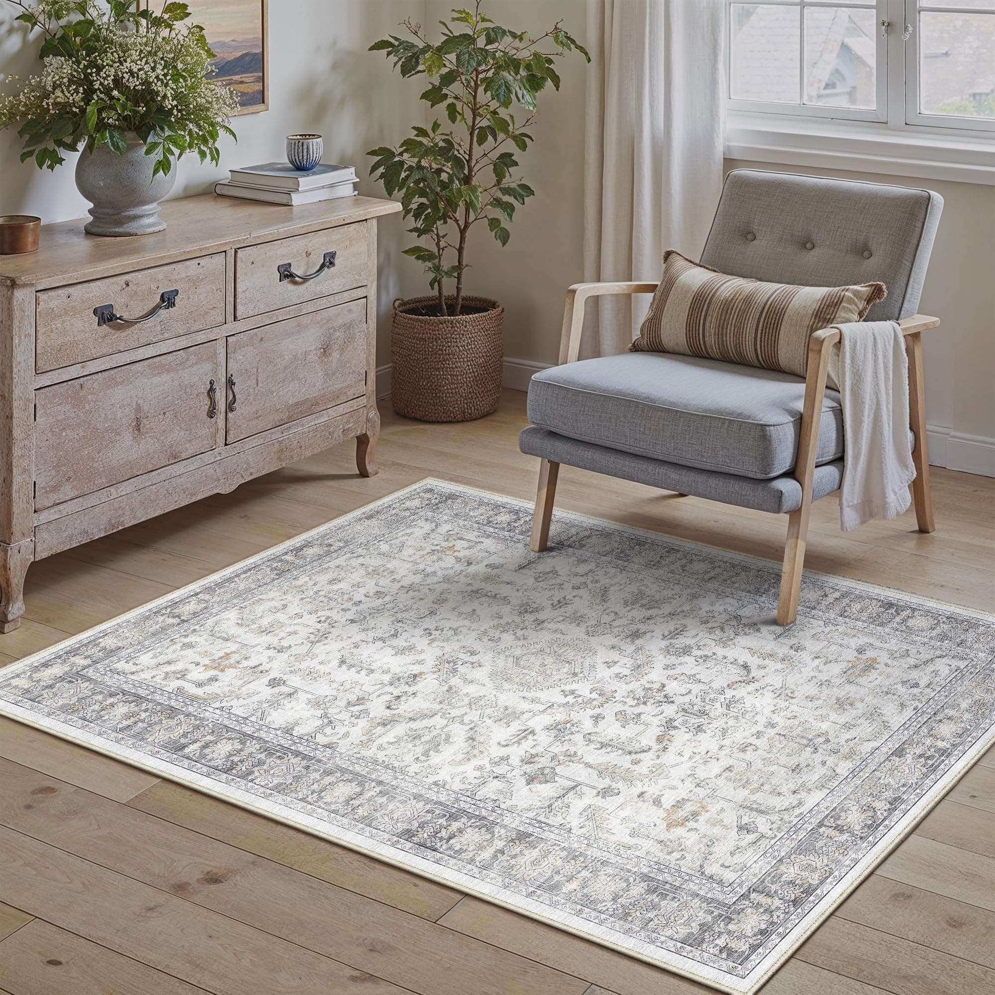 PureCozy Grau Teppich Wohnzimmer 80x150cm Waschbarer Vintage Teppiche for Living Room kurzflor rutschfest Weich Böhmischen Retro Blau Carpet für Küchen Esszimmer Bedroom Schlafzimmer Büro