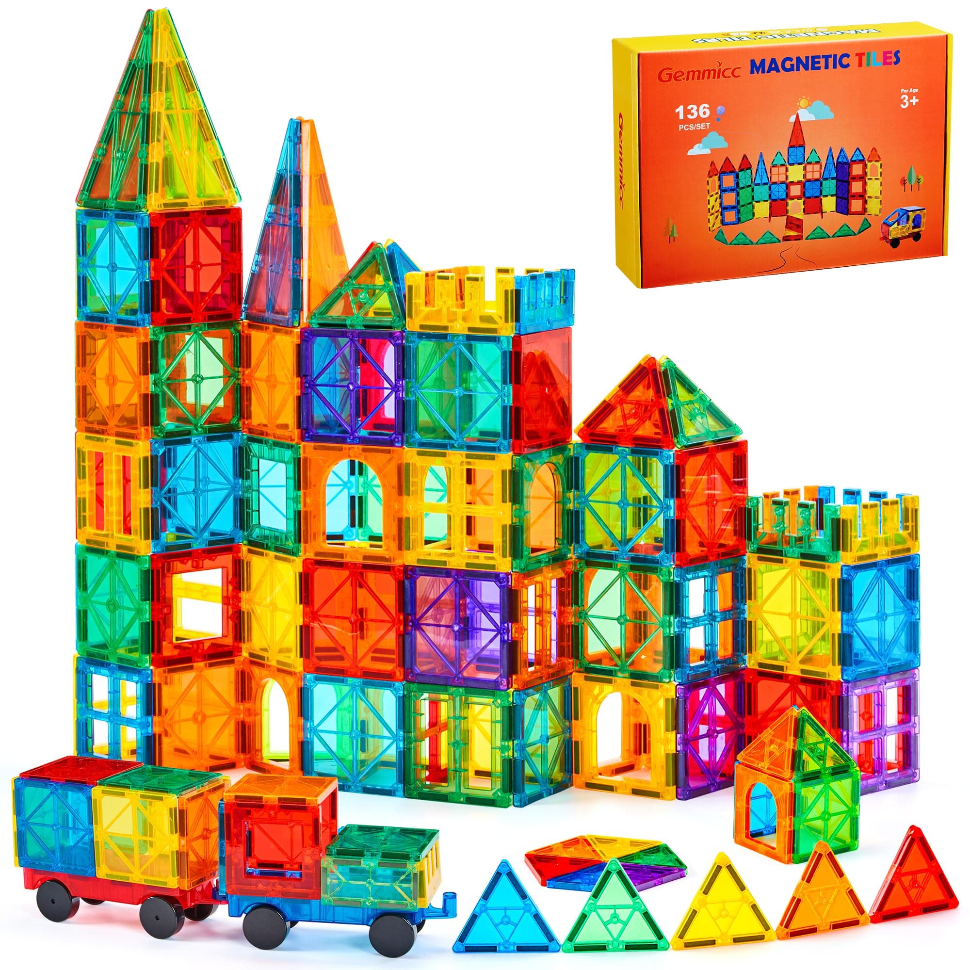 Gemmicc Tuiles Magnétiques, Set Deluxe 136 Pièces de Construction Magnétique pour Enfants, Blocs Magnétiques 3D pour Garçons et Filles, Grand Set avec 2 Voitures