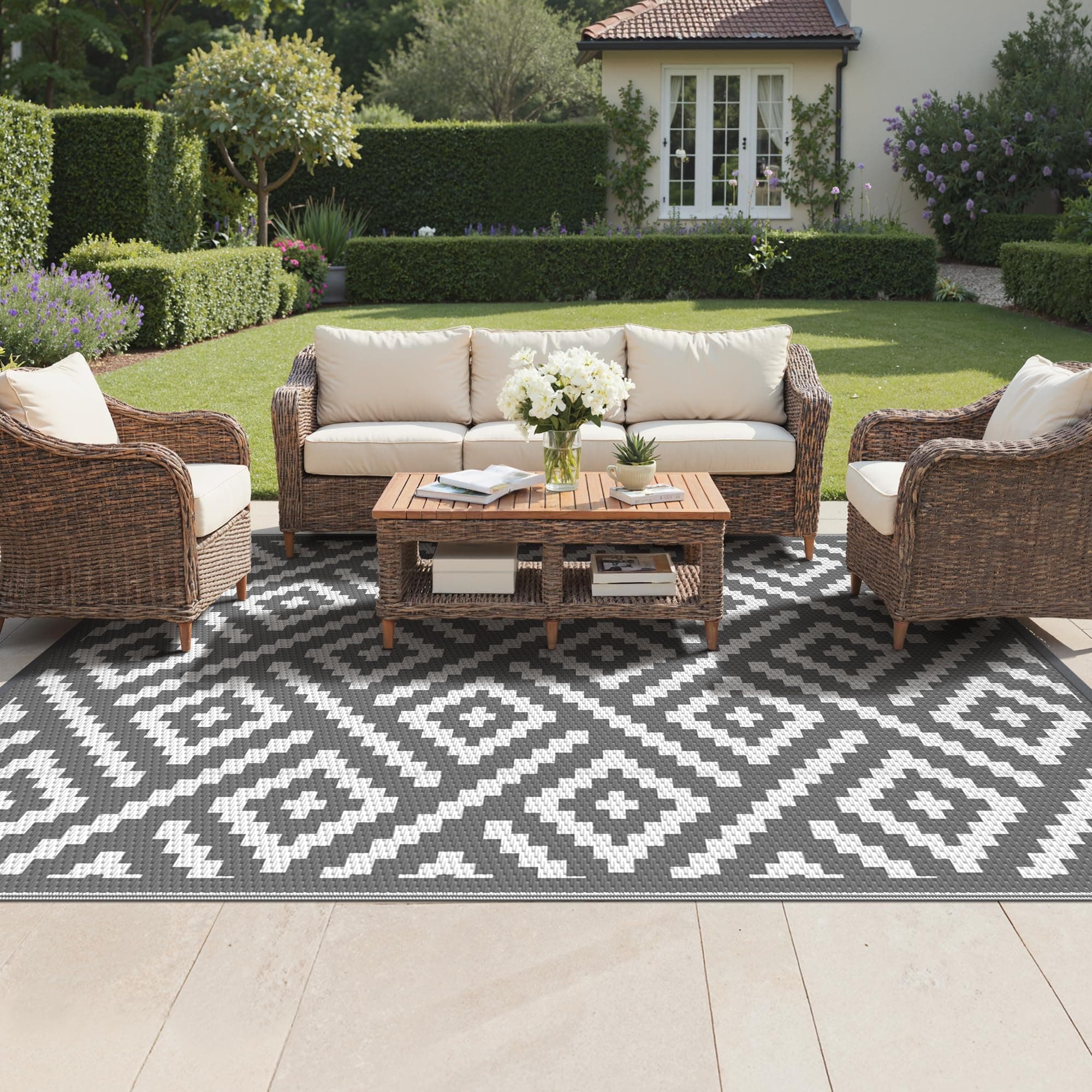 GENIMO Tapis Exterieur Resistant Pluie Terrasse, Reversible Résistant aux UV Tapis Extérieur, Couverture de Pique-Nique Portable pour Jardin, Balcon, Camping, Barbecue, 275x365cm, Blanc & Gris