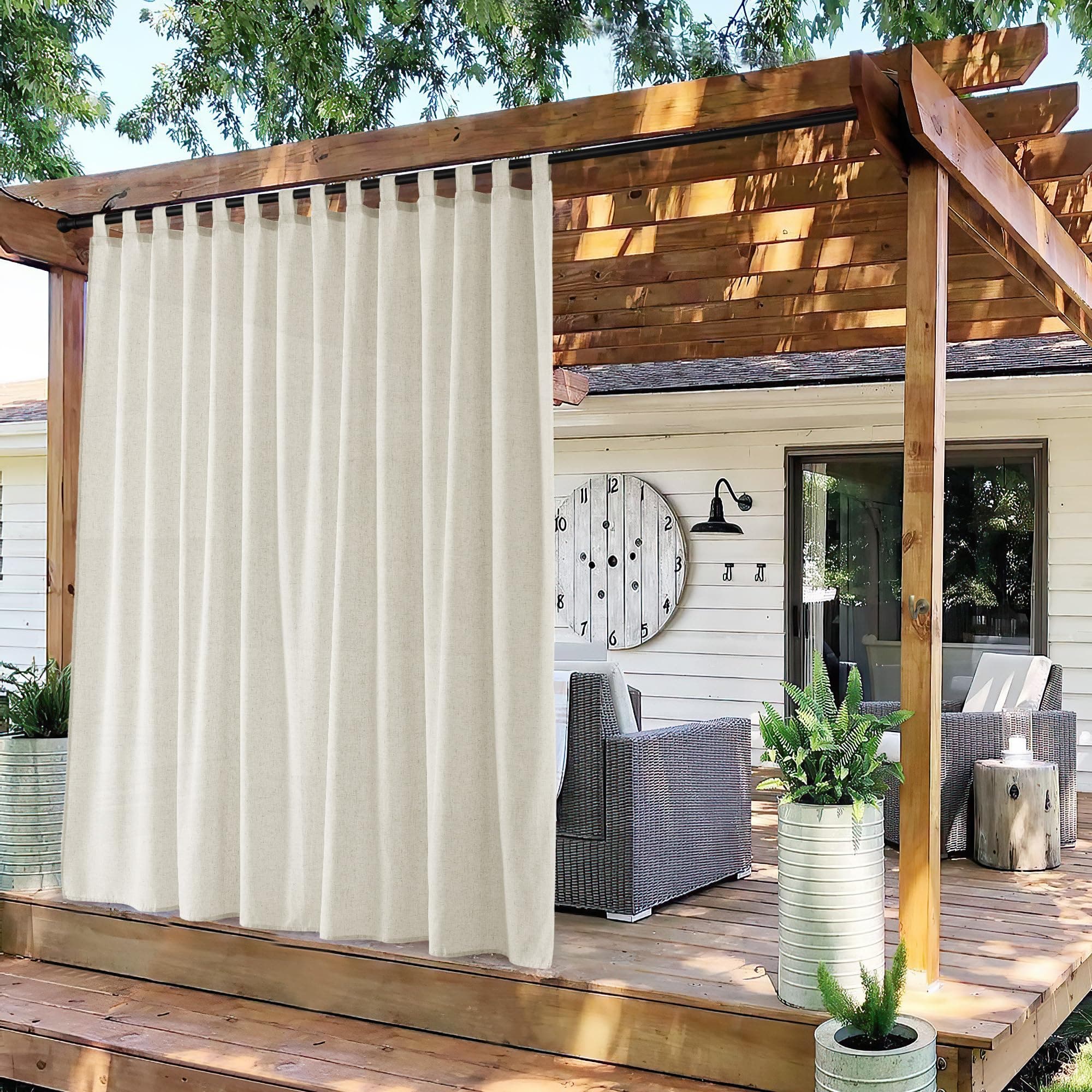 PONY DANCE Halbtransparente Leinen Outdoor Gardinen Boho 1er Set H 213 x B 254 cm wasserdichte Outdoorvorhänge mit Abnehmbaren Schlaufen Balkon/Terrasse Vorhang Outdoor, Beige