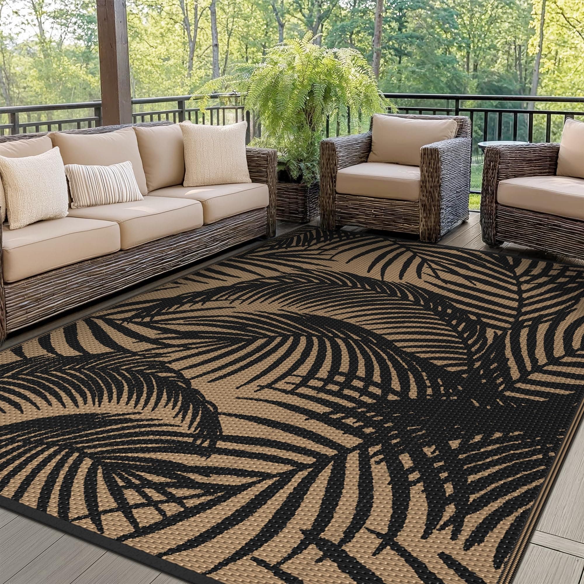 GENIMO Tapis Extérieur Imperméable, Tapis de Camping Lavable pour Jardin, Terrasse, Balcon, Tapis Réversible Résistant aux UV pour Pique-Nique,240x300cm, Noir & Brun