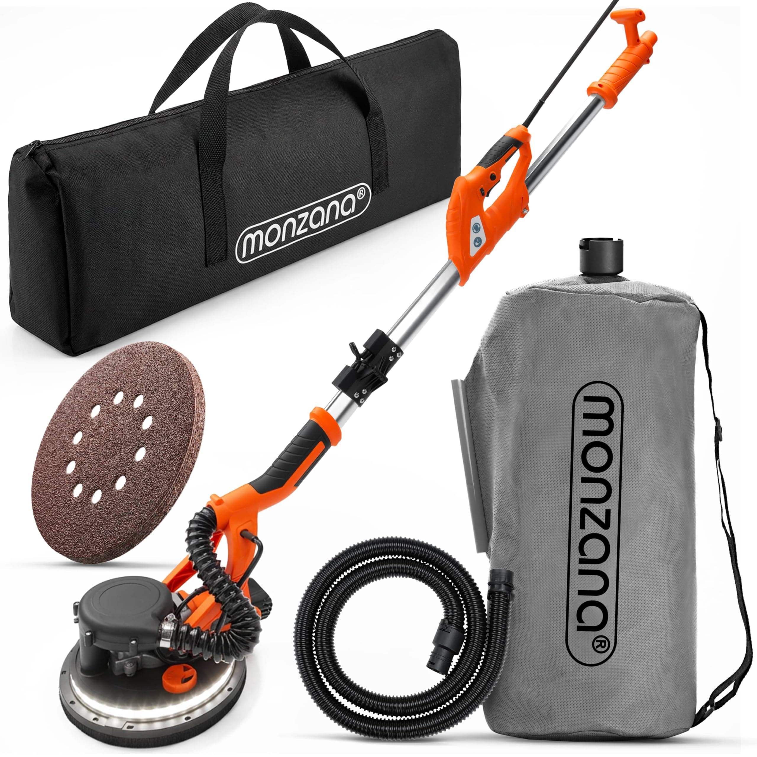 MONZANA® Lijadora Jirafa Eléctrica con Aspirador 750W Potente Luz LED Pulidora Plegable Pared Techo Obra Seca Ø225mm Placas Yeso Portátil Bolsa Almacenamiento Velocidad 5 Niveles 12 Discos Lijadores