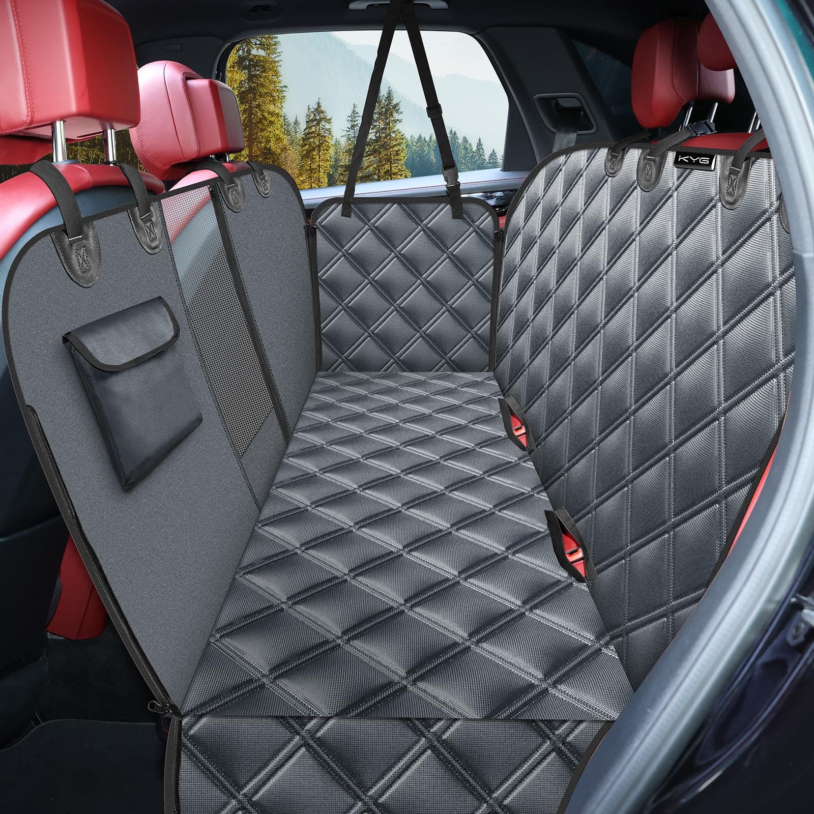 KYG Funda Perros Coche Cubierta de Asiento para Mascota Impermeable y Resistente Protector Coche con Ventana de Malla Visible y Cremallera Protector Completo Asiento Trasero y Puertas