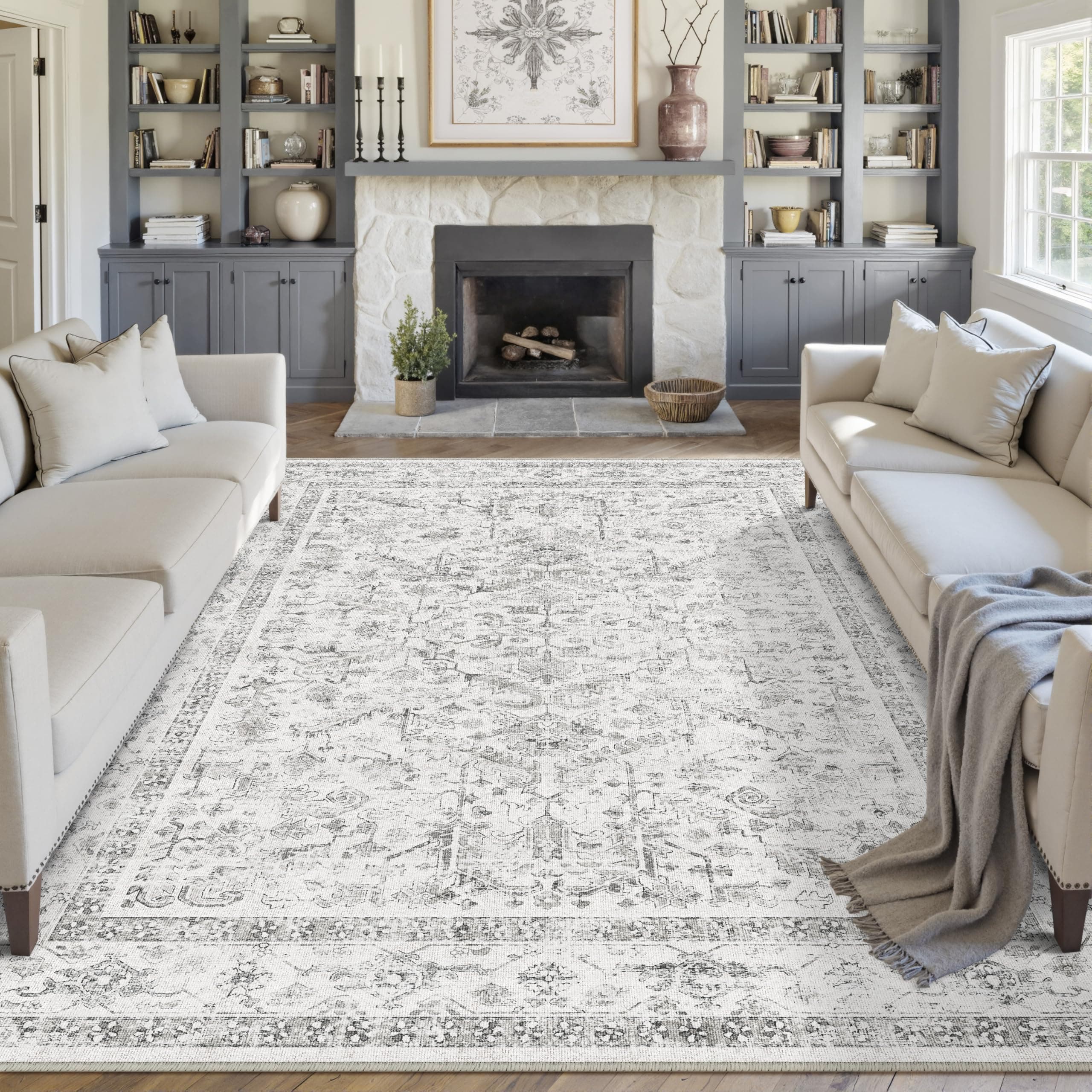 PureCozy Vintage Alfombra Salon 200x300cm Gris Habitacion Lavables en Lavadora Antideslizante Alfombras Sala Dormitorio Cocina Comedor Grande Carpet Pelo Corto Rug