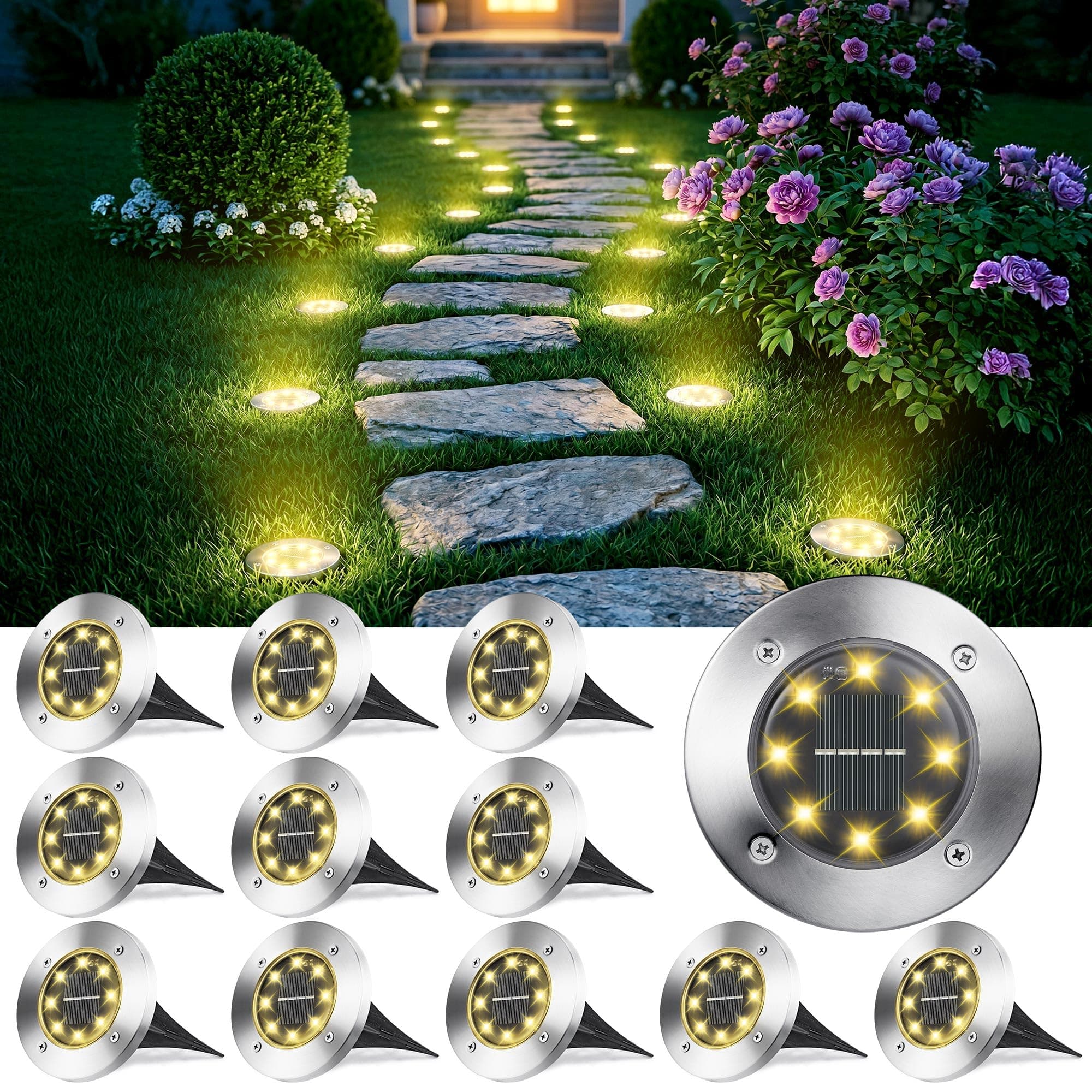 Joomer Lumière Solaire Extérieur, 12 Pièces Lampe Solaire Au Sol Jardin Blanc Chaud, 8 LED 3000K Etanche IP65 Spot Solaire Extérieur Encastrables Éclairage pour Chemins Pelouse Terrasse Cour Piscine