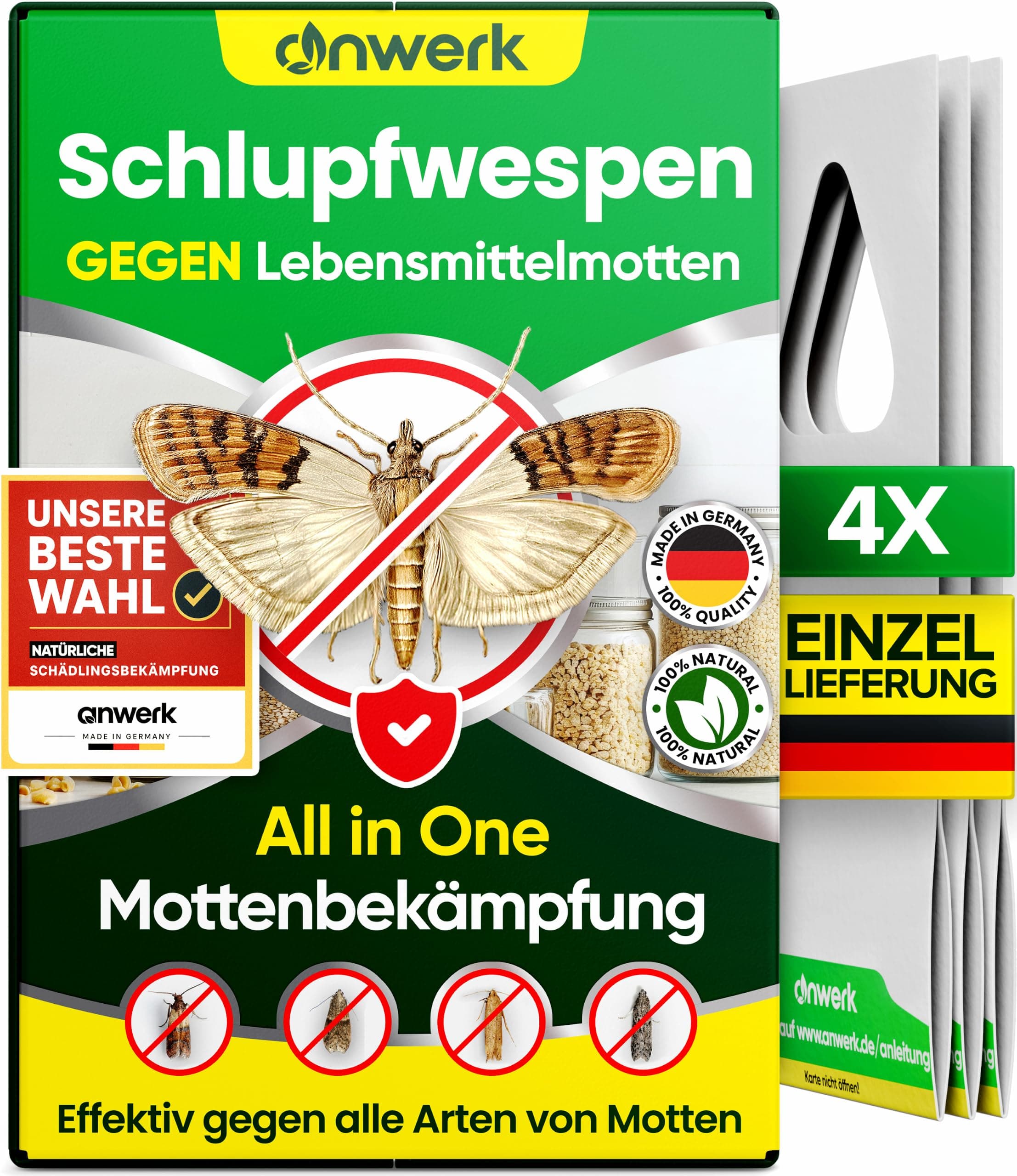 anwerk® Schlupfwespen gegen Lebensmittelmotten - 4 Karten à 1 Lieferung - Effektiv Lebensmittel Motten bekämpfen - Alternative zur Mottenfalle, Mottenspray, Pheromonfalle (4X Karten à 1 Lieferung)