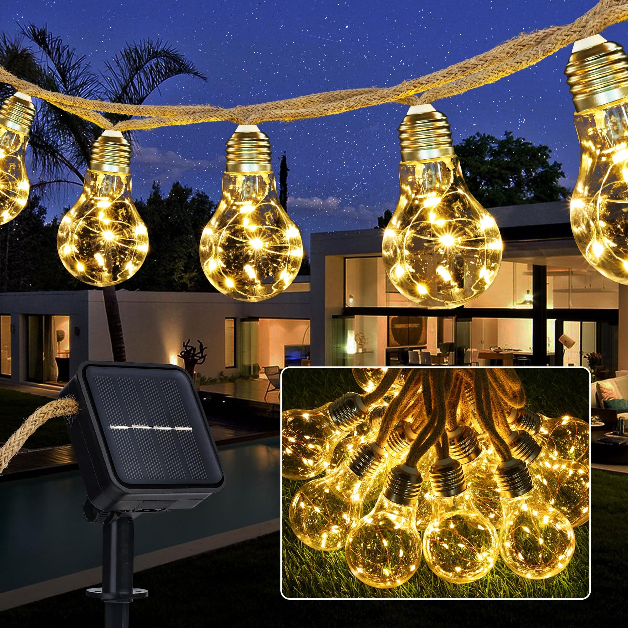 Joomer Luces Solares LED Exterior Jardin, 7,5M 16 Edison Bombillas Guirnaldas Luces Exterior Solar Impermeable, 8 Modos Luz Solar Cuerda de Cáñamo Vintage para Fiesta Pabellón Balcón, Blancas Cálidas