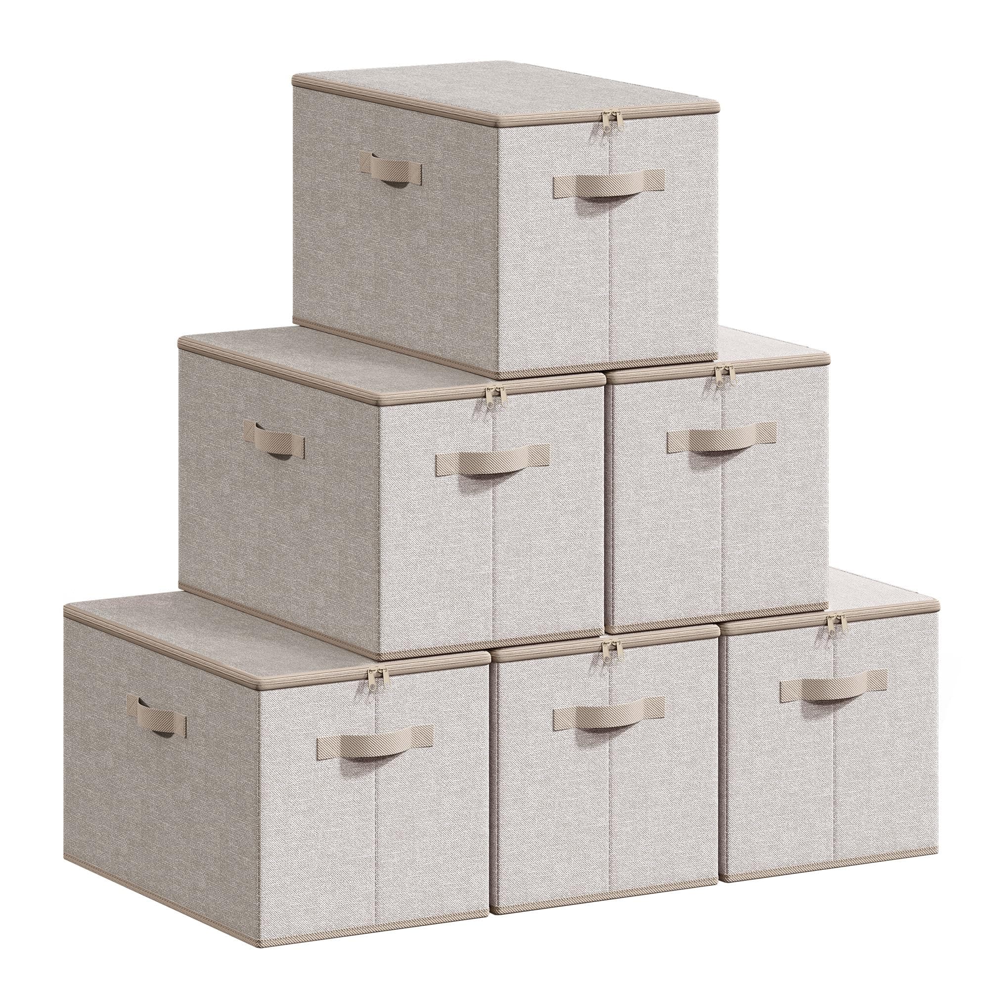 SONGMICS Boîte de Rangement, Pliable, avec Couvercle, Poignées, Coffre, Panier, pour Vêtements, Chaussres, en Tissu Non-tissé, Lot de 6, 50 x 30 x 30 cm, Beige Sable RZB050LZ05
