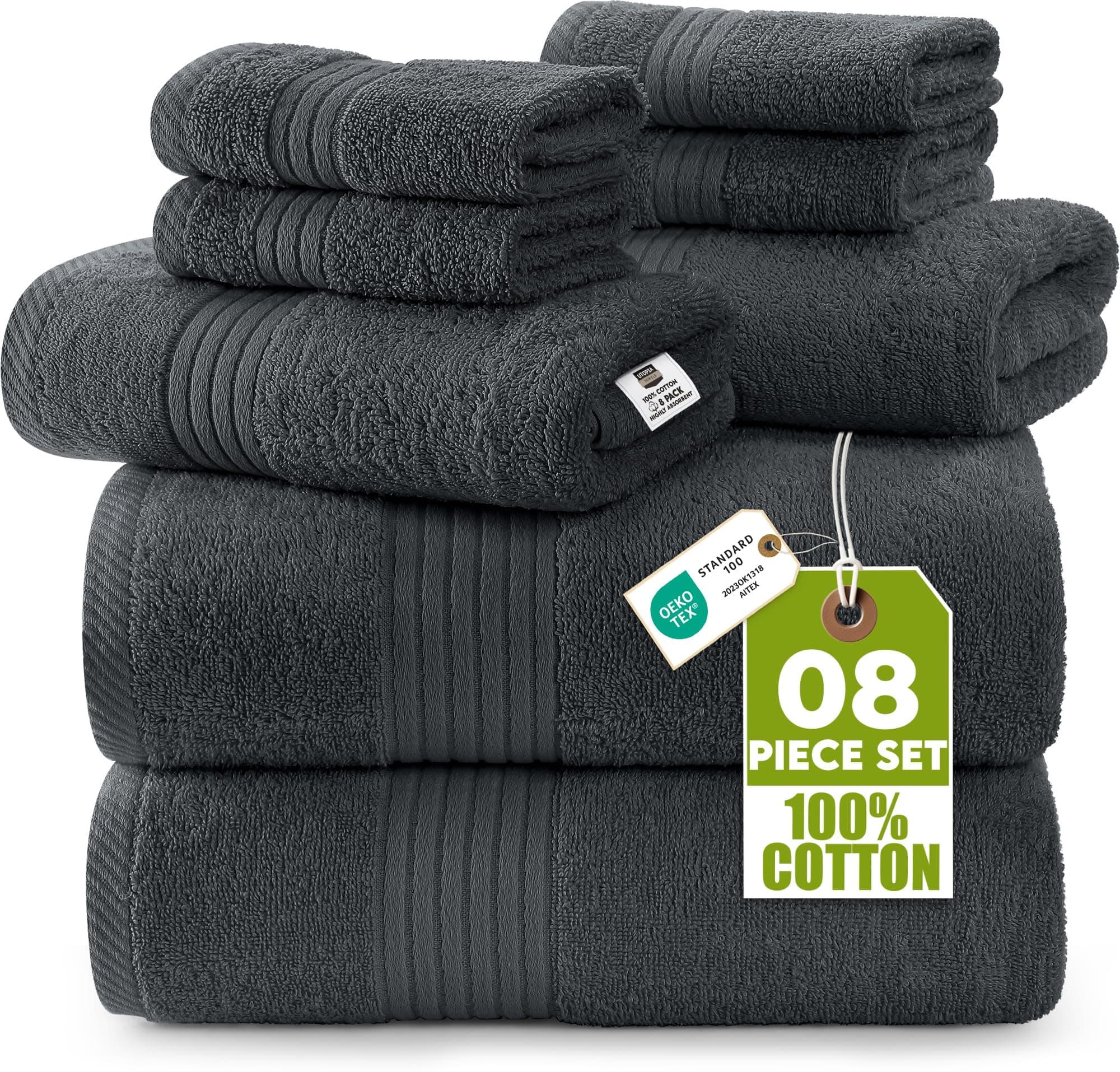 Utopia Towels - Juego de Toallas de Baño Completo de 8 Piezas (Gris) | 100% Algodón Ring Spun – Juego de toallas suave, resistente y cómodo para el uso diario.