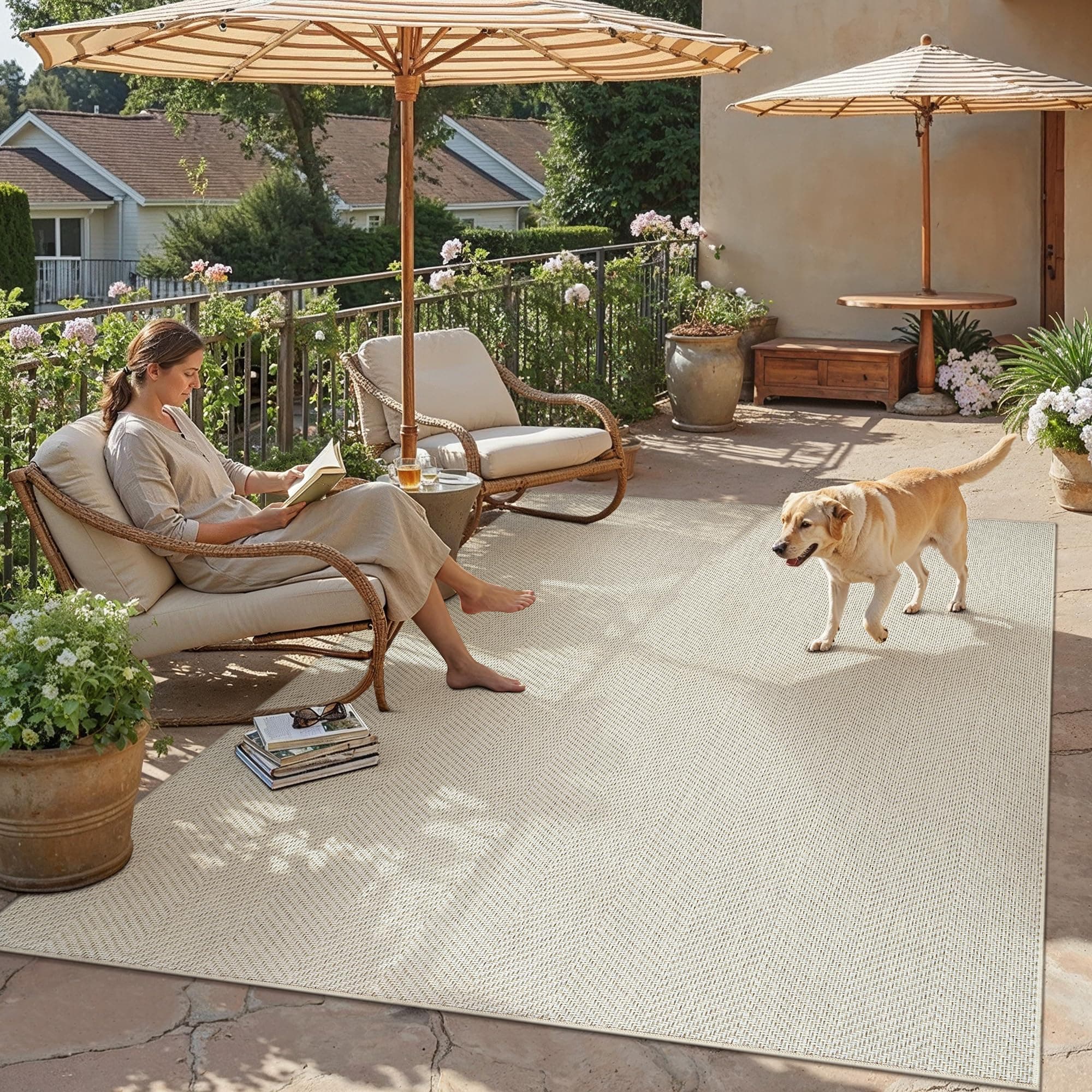 PureCozy Alfombra Exterior 160x230cm Salon Terraza Impermeable Beige Antideslizante Lavable Interior Alfombras Habitacion Jardin Comedor Patio Dormitorio Aspecto Yute Tapete