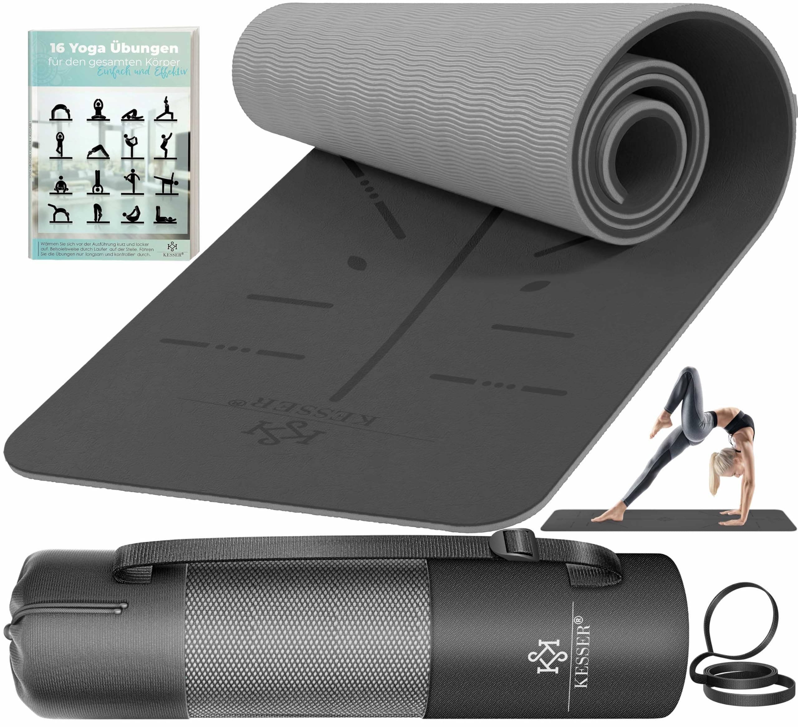KESSER® Gymnastikmatte mit Tragegurt rutschfest TPE Yogamatte Gepolstert & rutschfest Fitnessmatte, 183 x 61 Trainingsmatte für Fitness Sportmatte, Pilates & Gymnastik Workout