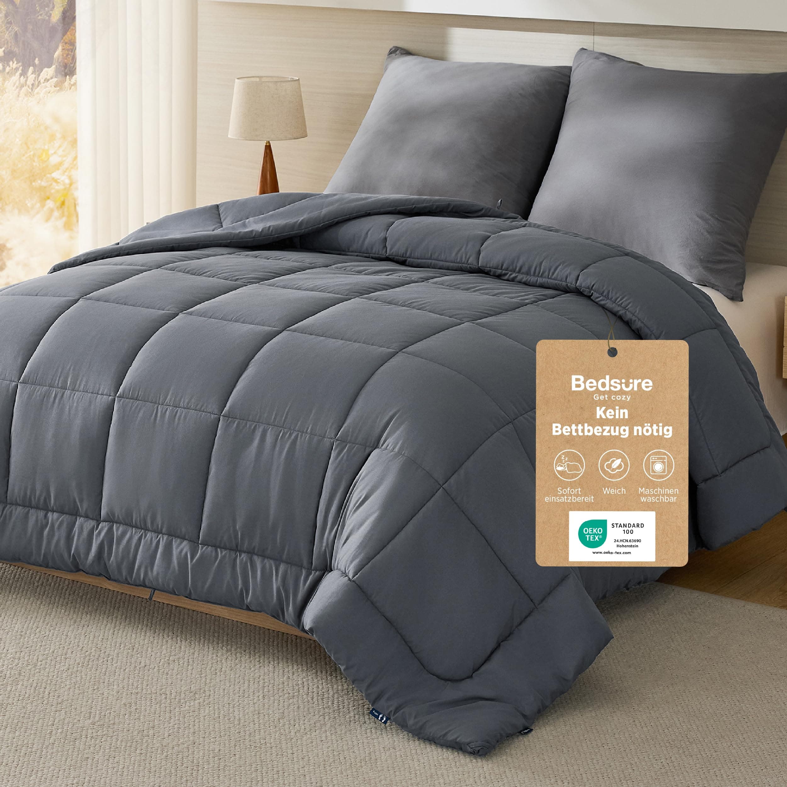 BEDSURE Bettdecke Ohne Bezug 135x200 - Bettdecke mit Integriertem Bezug | Bettdecke 135x200 für Allergiker Waschbare 4 Jahreszeiten Bettdecken Oeko-TEX Ganzjahresdecke Warm & Gemütlich, Grau