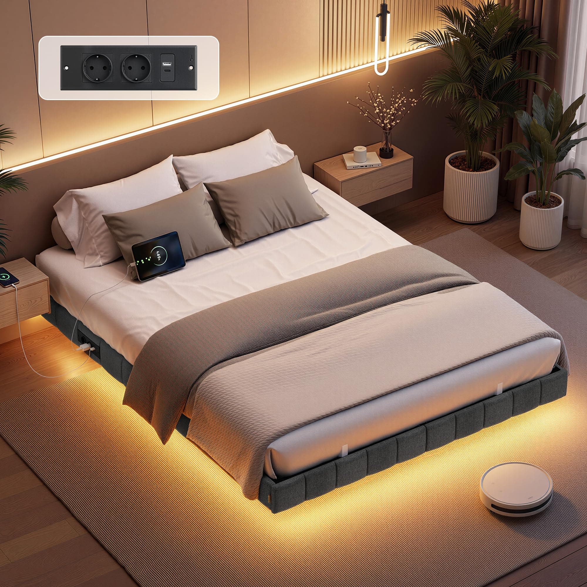 VASAGLE Struttura Letto Effetto Fluttuante, 140 x 200 cm, LED, 2 Prese AC | Bordi Imbottiti, 1 Porta USB-A, 1 Porta USB-C, 1 Porta USB-A sul Retro, Portata 500 kg, Collezione KACY RMB164G101