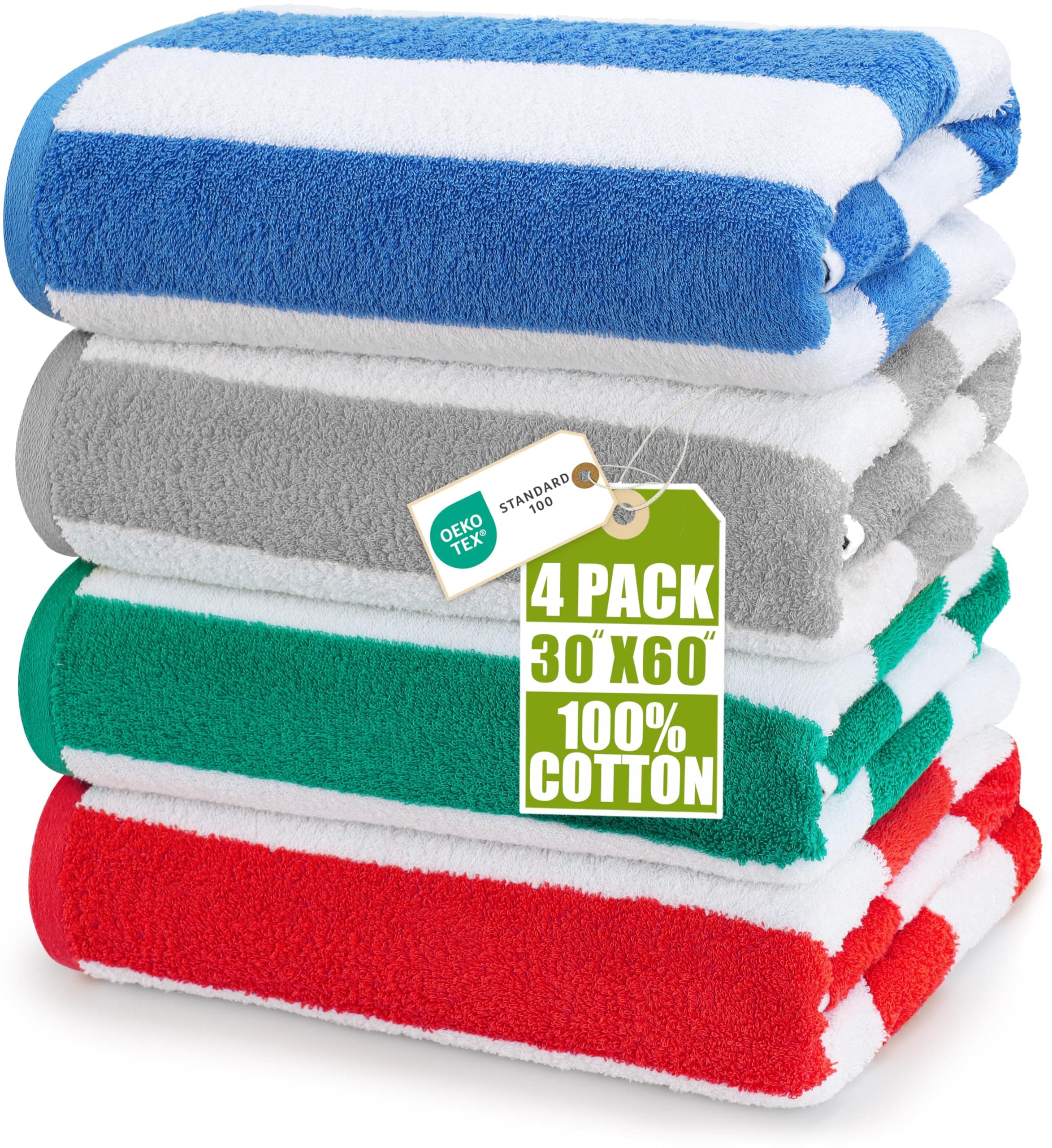 Utopia Towels - Grandes Serviettes de Plage/Piscine Cabana Stripe (76 x 152 cm) - 100% Coton filé, Douces et à séchage Rapide (Lot de 4 - Bleu, Gris, Rouge et Vert)