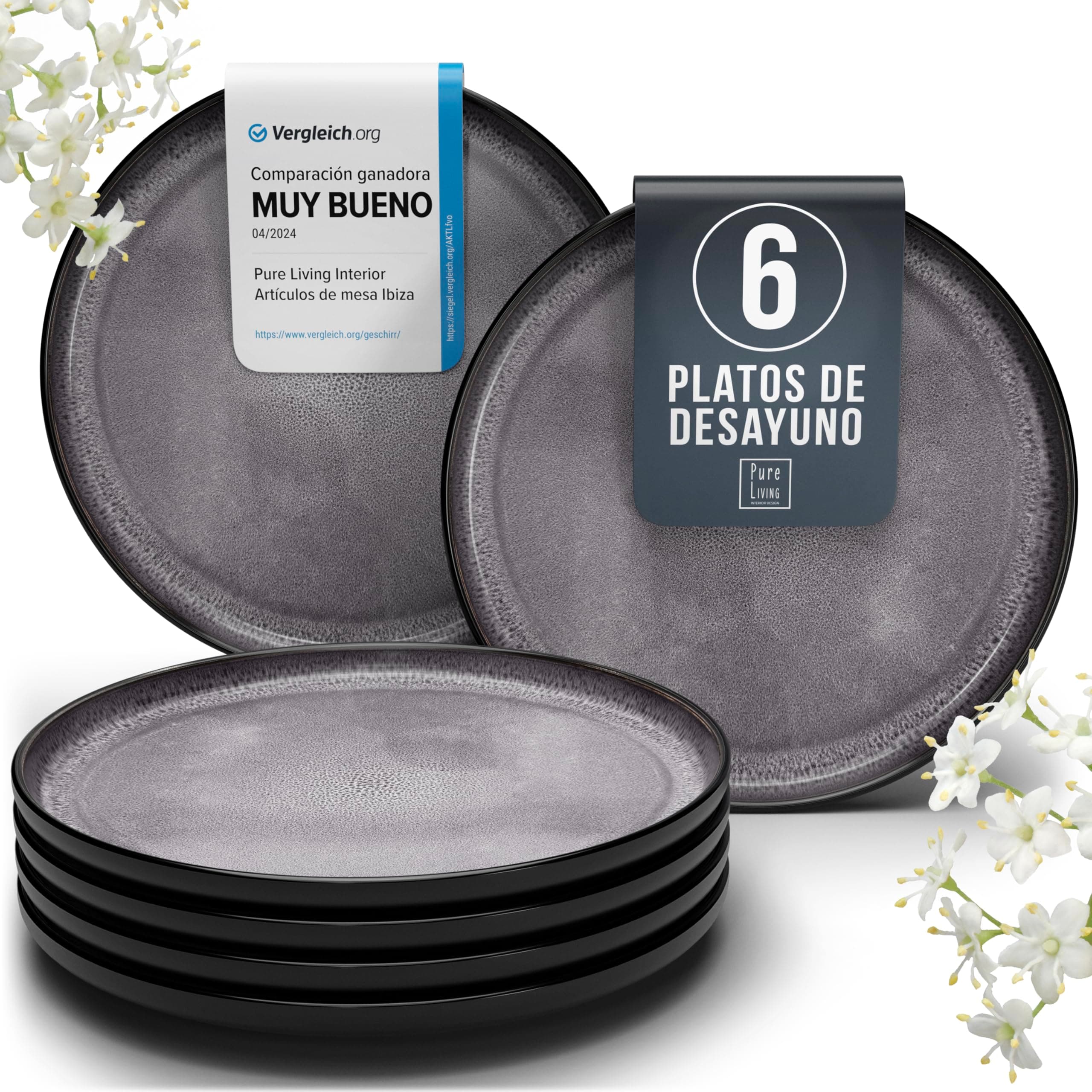 Juego de 6 Platos Pequeños Ibiza en Gres para Desayuno y Postre -Vajillas Completas para 6 Personas con Platos Modernos - Aptos para Lavavajillas y Microondas - Pure Living en gris oscuro