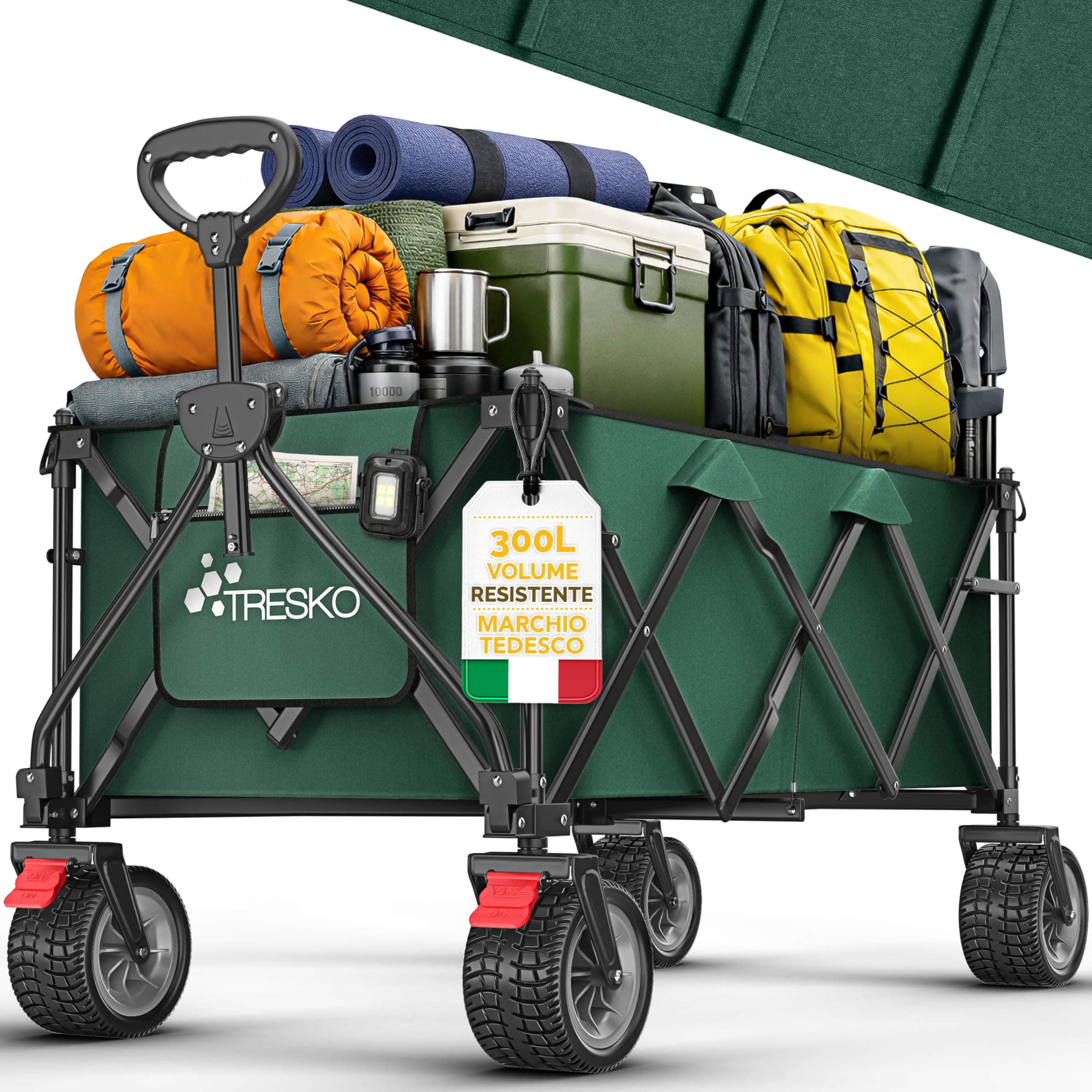 TRESKO® Carrello pieghevole da 300 l con freno, 150 kg, con pneumatici in gomma piena, ruote extra larghe per tutti i terreni, con borsa per il trasporto (verde)