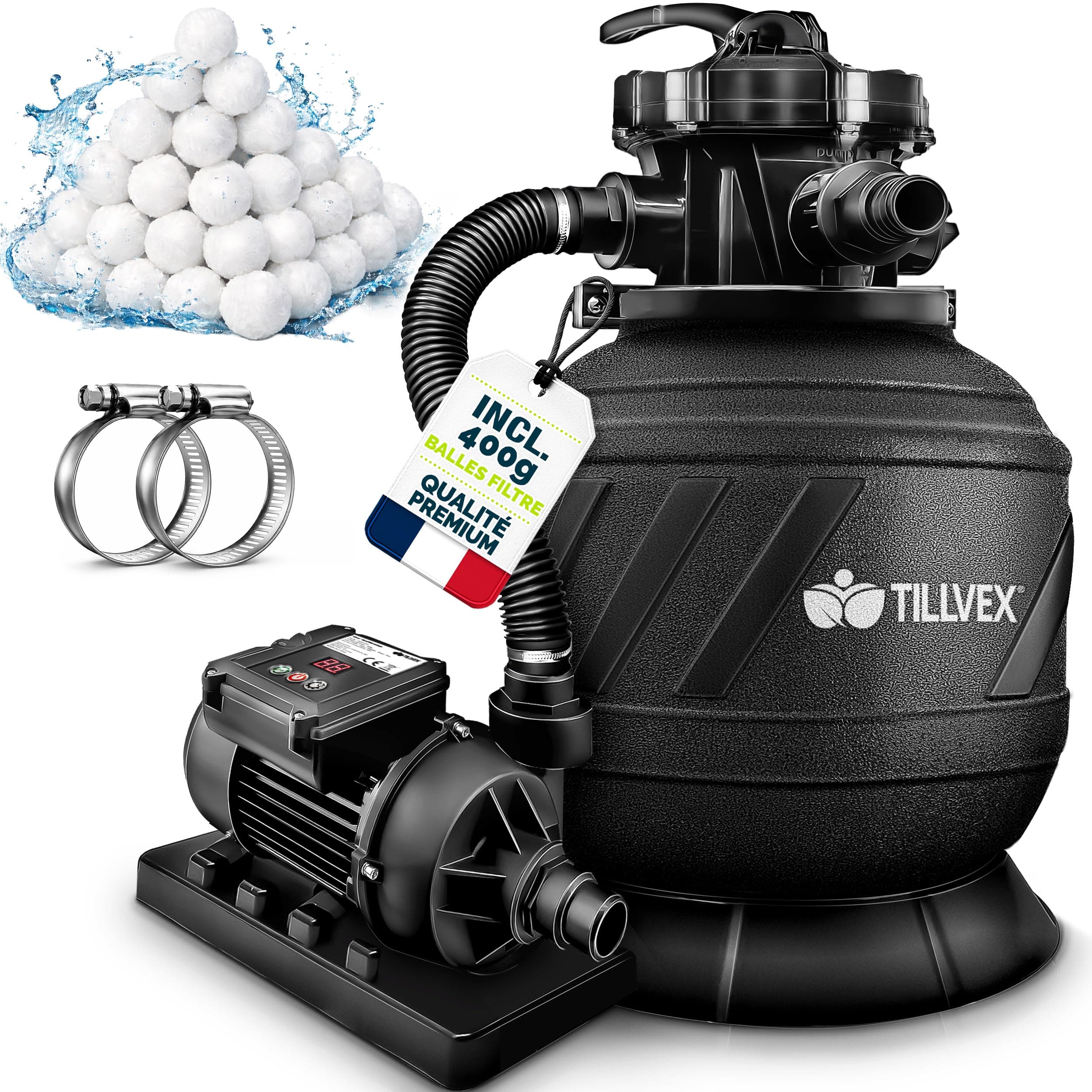 tillvex® Système de Filtre à Sable 7.900L/h + 400g Boules de Filtre | 7 Fonctions & Adaptateur 2en1 Ø32-38mm | Filtre de piscine avec indicateur de pression (AquaBlack Pro avec minuterie)