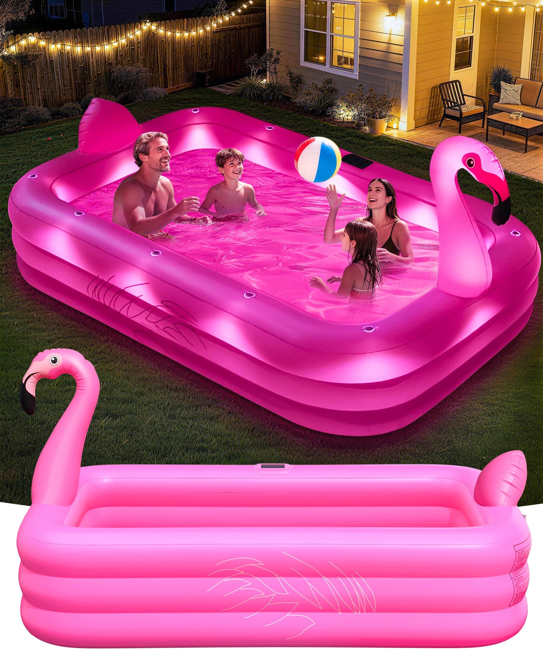 PoolLeader Piscine Gonflable Adulte, Flamant Piscine Gonflable Rectangulaire avec Lumière Solaire, Fabriqué en Matériau PVC Épais et Résistant, 254x160x50cm Piscines Gonflables Familiale pour Jardin