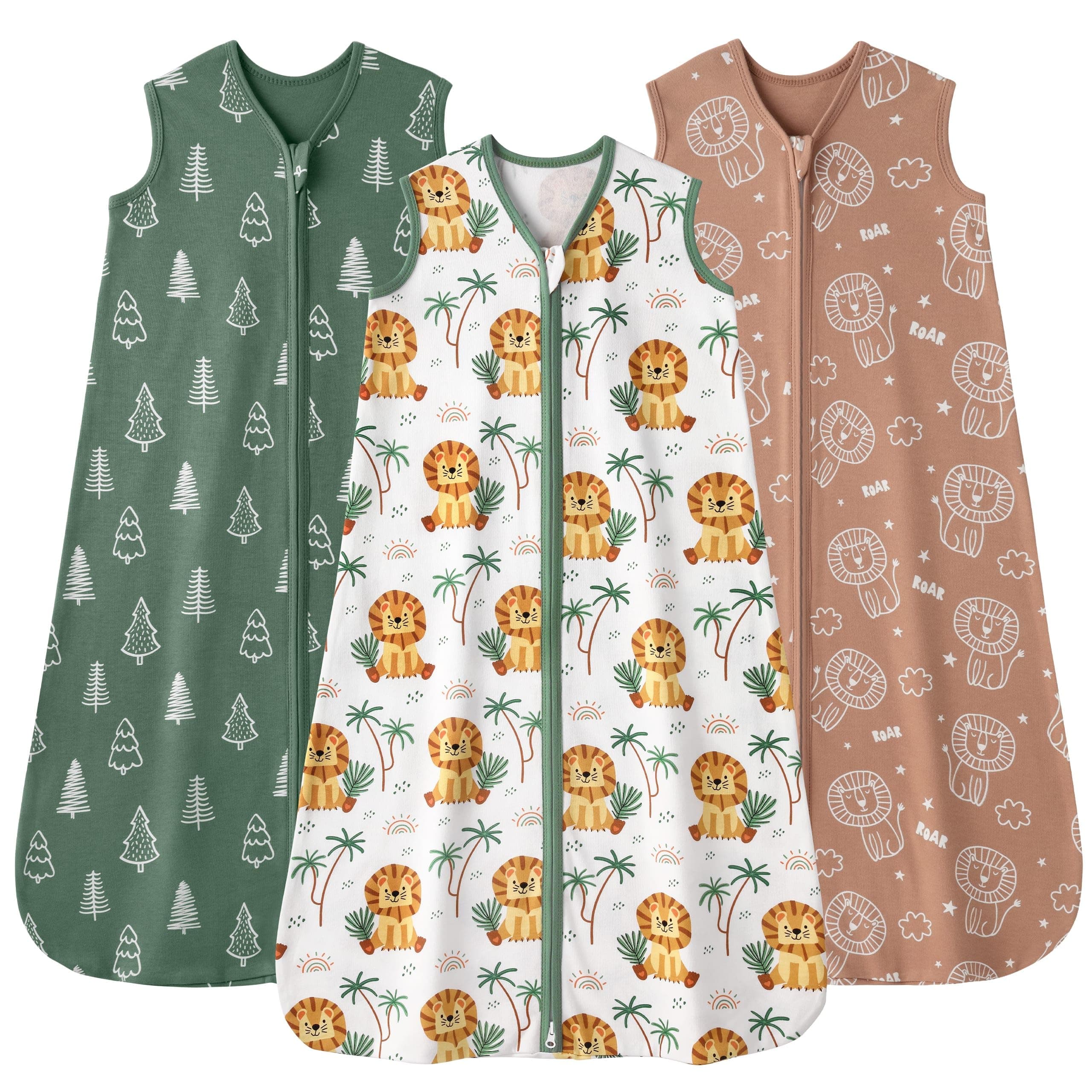 FIEMOL Gigoteuse été 18-24 Mois 0.5 Tog, Turbulette Coton pour Nouveau-né et Nourrisson, Pack de 3 Sac de Couchage bébé Léger Fermeture éclair 89-101 cm Lion Brun
