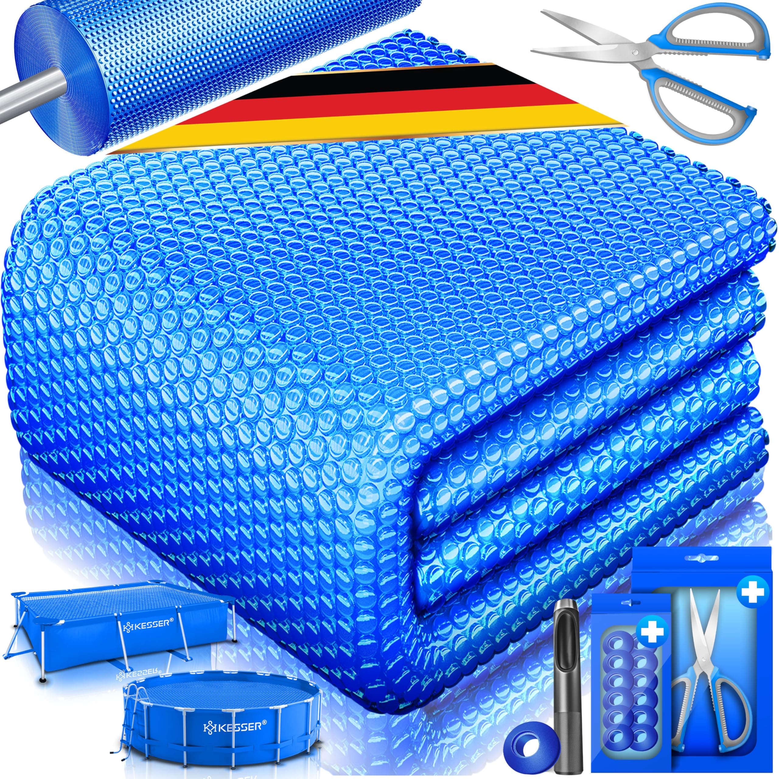 KESSER® Pool Solarfolie 400 µm | Solarplane Rund 500 cm Poolabdeckung | Solarabdeckplane flexibel zuschneidbar | Poolplane für Wassererwärmung | Solarabdeckung mit Schere, Lochzange & 12 Ösen
