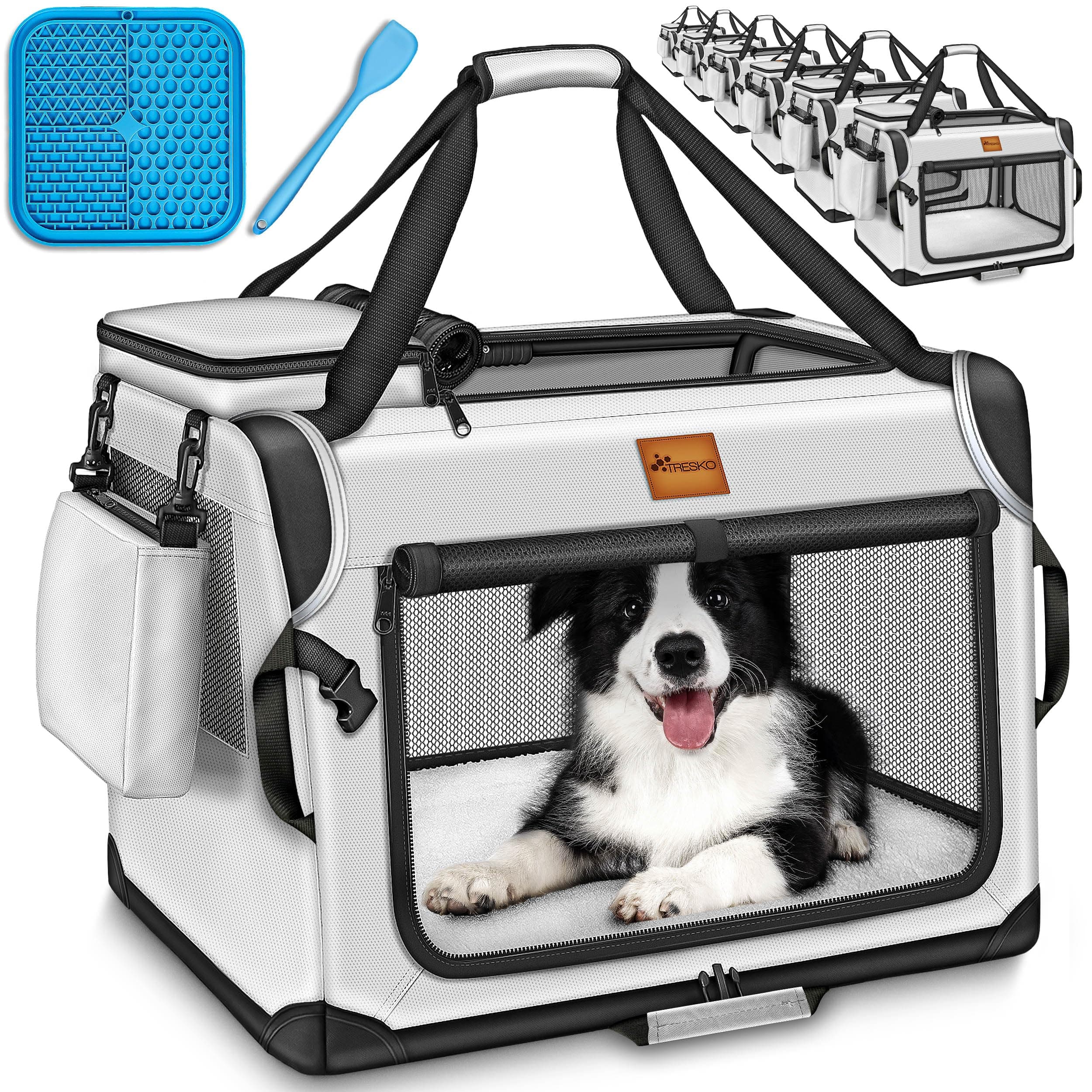TRESKO® Caisse de transport pliable, avec tapis de fuite, spatule et réflecteurs, pour chiens et chats de petite et grande taille, sac robuste, taille XXXL, 102 x 69 x 69 cm (gris)